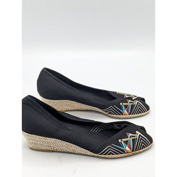 Vintage Apostrophe Wedges 7.5 Southwestern Embroidered Design Peep Toe Shoes Cut - Picture 4 of 9